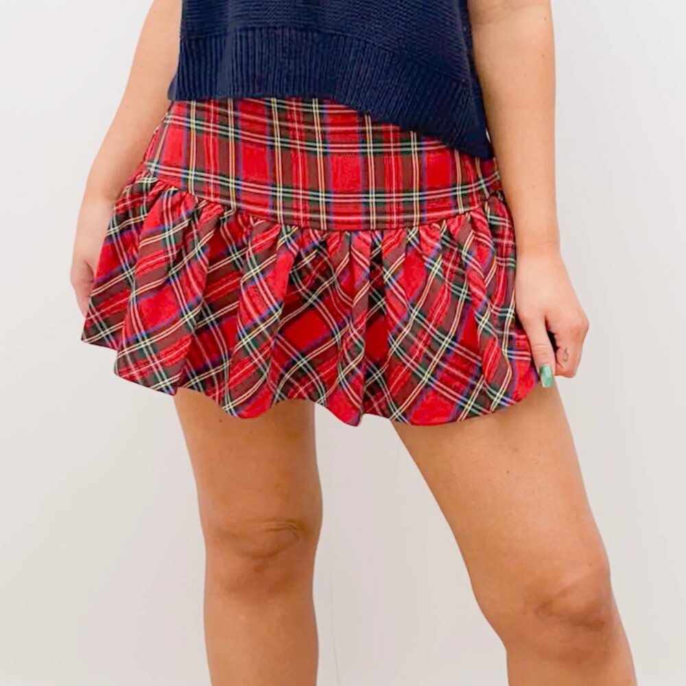 "SO ME" PLAID MINI BALLOON SKIRT WITH SIDE INVISIBLE ZIPPER AND SHORTS LINING - Picture 4 of 8